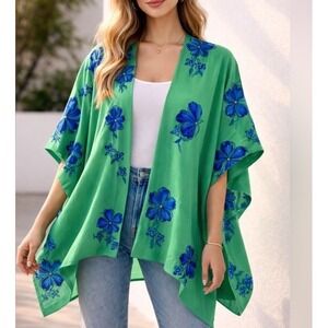 Chicos Green Blue Embroidered Floral Ruana Poncho Wrap Kimono Women SZ-L/XL NWOT
